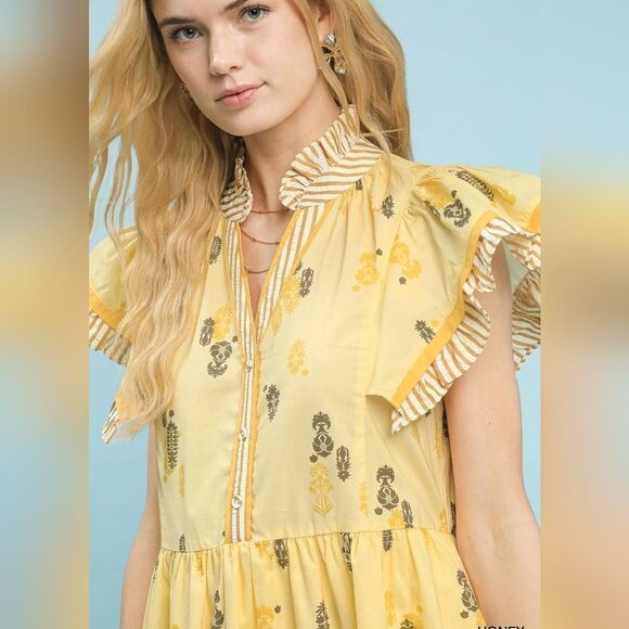 Umgee Floral Ruffle Sleeve Tiered Midi Yellow Bohemian Spring Dress Sz Small - Picture 4 of 7